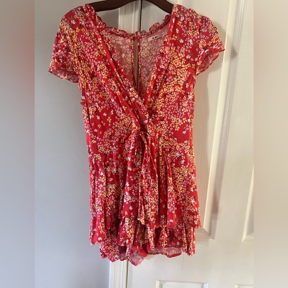 Francesca’s Red and Yellow Floral Mini Dress/Romper
